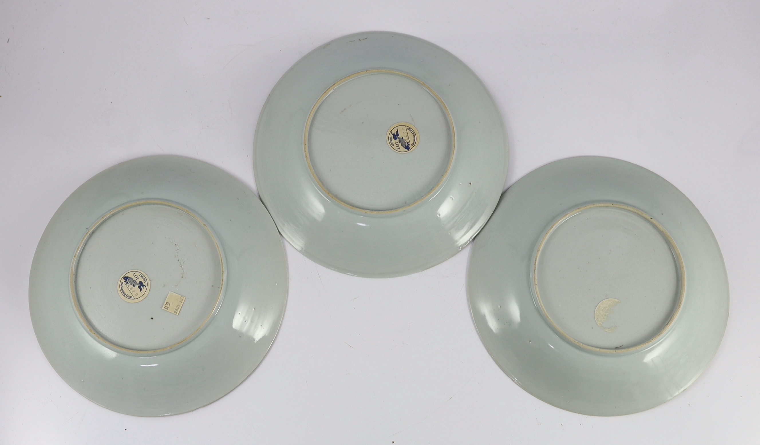 Three Chinese blue and white ‘Leaping Boy’ middle size dishes, Nanking Cargo, c.1750